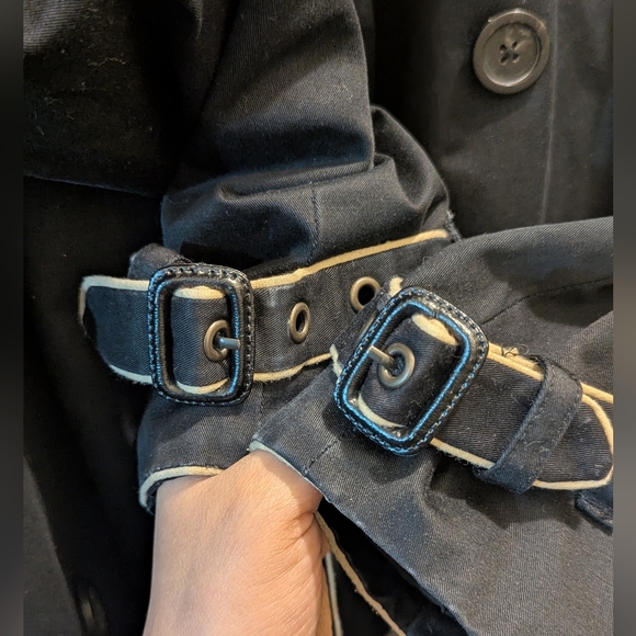 GAP Vintage Y2K Double Breasted Black Tan Piping Belted Cotton Trench Coat- L - Picture 8 of 16